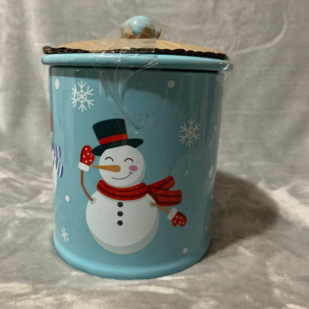 Mrs‎ Fields Snowman Ceramic Cookie Jar Blue Christmas Holiday Treat Canister Lid